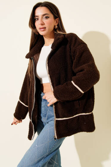 Biye Şeritli Peluş Mont Kahve - Kadın Giyim Modelleri