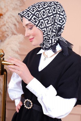 Black White Serisi Labirent Desen Siyah Eşarp - Düz Şal