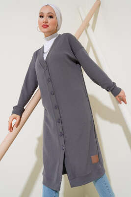 	 Boy Düğmeli Fitilli Uzun Hırka Kayrak Grisi 