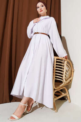 Boydan Düğmeli Kemerli Basic Elbise Açık Lila 