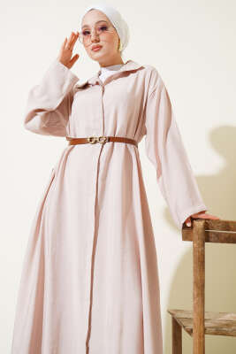 Boydan Düğmeli Kemerli Basic Elbise Bej 