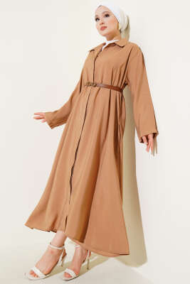 Boydan Düğmeli Kemerli Basic Elbise Camel 