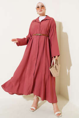 Boydan Düğmeli Kemerli Basic Elbise Gül Kurusu - Elbise