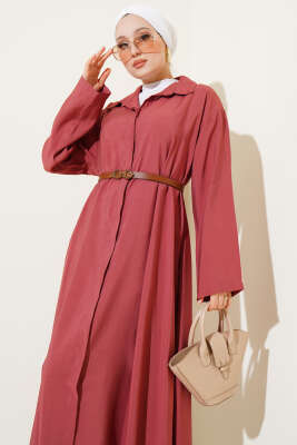 Boydan Düğmeli Kemerli Basic Elbise Gül Kurusu - Elbise