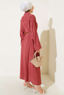 Boydan Düğmeli Kemerli Basic Elbise Gül Kurusu - Elbise