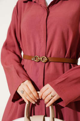 Boydan Düğmeli Kemerli Basic Elbise Gül Kurusu - Elbise