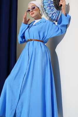 Boydan Düğmeli Kemerli Basic Elbise Mavi 