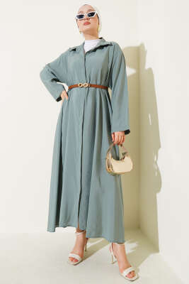Boydan Düğmeli Kemerli Basic Elbise Mint 