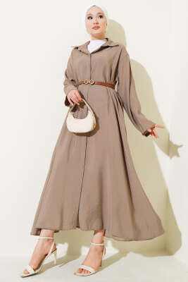 Boydan Düğmeli Kemerli Basic Elbise Vizon 