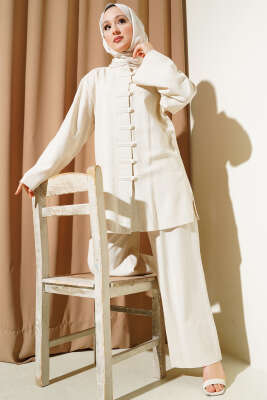 Brit Düğmeli Keten Tunik İkili Takım Bej 