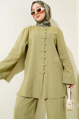 Brit Düğmeli Keten Tunik İkili Takım Çağla Yeşili - İkili Takım