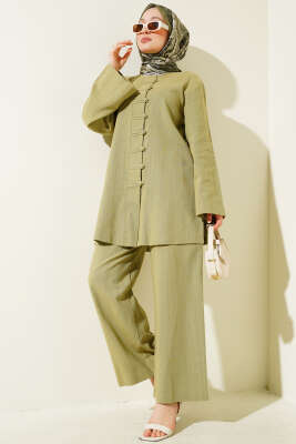Brit Düğmeli Keten Tunik İkili Takım Çağla Yeşili - İkili Takım