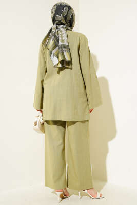 Brit Düğmeli Keten Tunik İkili Takım Çağla Yeşili - İkili Takım