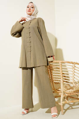 Brit Düğmeli Keten Tunik İkili Takım Haki 