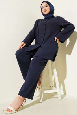 Brit Düğmeli Keten Tunik İkili Takım Lacivert 