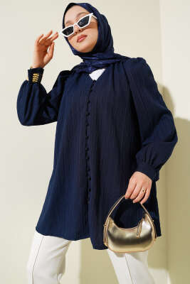 Brit Düğmeli Krinkıl Gömlek Lacivert