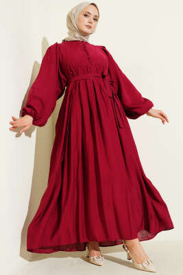 Brit Düğmeli Kuşaklı Elbise Bordo 