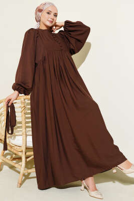 Brit Düğmeli Kuşaklı Elbise Kahve 