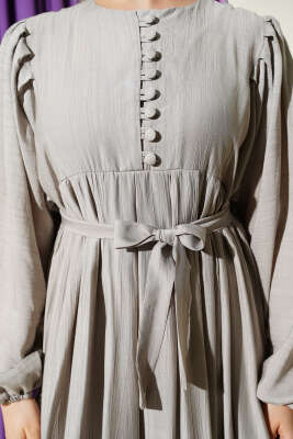 Brit Düğmeli Kuşaklı Elbise Taş - Elbise