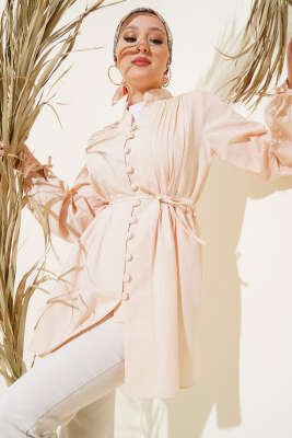 Brit Düğmeli Nervürlü Tunik Bej 