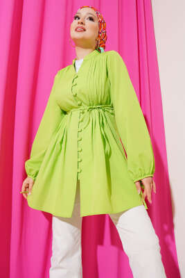 Brit Düğmeli Nervürlü Tunik Fıstık Yeşili 