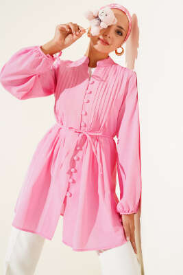 Brit Düğmeli Nervürlü Tunik Fusya 