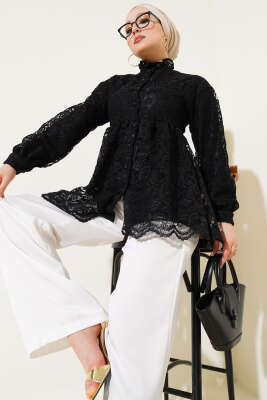 Brodeli Önü Düğmeli Gömlek Siyah