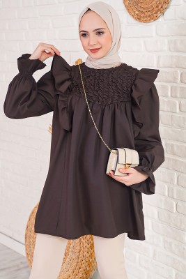 Bukle Detaylı Fırfırlı Kahve Tunik