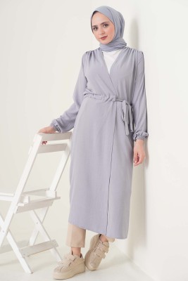 Büzgü Kuşaklı Gri Kap 