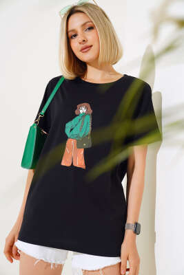 Çantalı Kız Baskılı T-shirt Siyah - Yeni Giyim