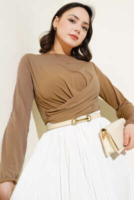Çapraz Büzgülü Sandy Bluz Camel 