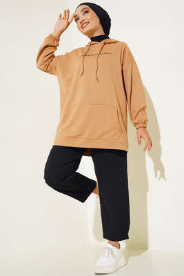 Center İki İplik Kapşonlu Tunik Latte - Tunik