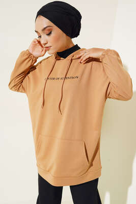 Center İki İplik Kapşonlu Tunik Latte - Tunik