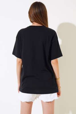 Cep Baskılı T-shirt Siyah - Kadın Giyim Modelleri