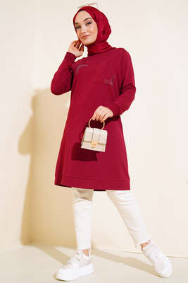 Cep Detaylı Taşlı Tunik Bordo - Tunik
