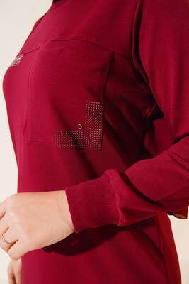 Cep Detaylı Taşlı Tunik Bordo - Tunik
