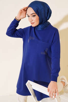 Cep Detaylı Taşlı Tunik Lacivert - Tunik