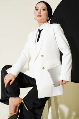 Cep Kapaklı Dabıl Blazer Ceket Beyaz