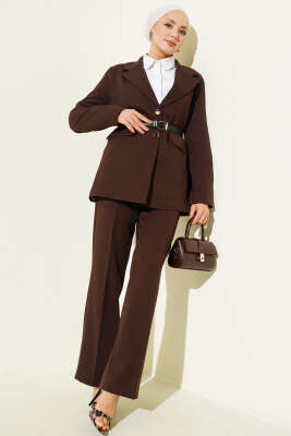 Cep Kapaklı Kemerli Ceket İkili Takım Acı Kahve