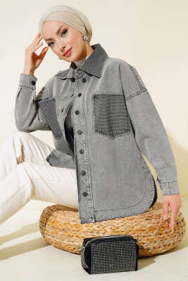 Cep ve Yaka Taş Detaylı Kot Ceket Gri - ZAMANE (QSS)