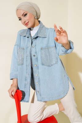 Cep ve Yaka Taş Detaylı Kot Ceket Mavi - ZAMANE (QSS)
