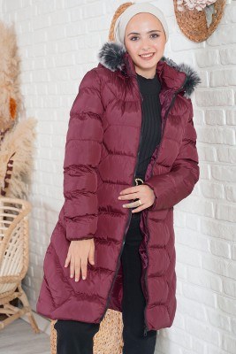 Cepleri Fermuarlı Bordo Şişme Mont - Bayan Mont