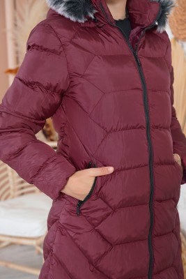 Cepleri Fermuarlı Bordo Şişme Mont - Bayan Mont