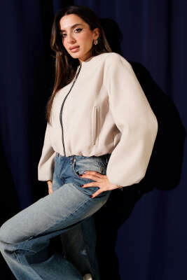 Cepli Fermuarlı Kısa Kaşe Ceket Taş - KİREMİT