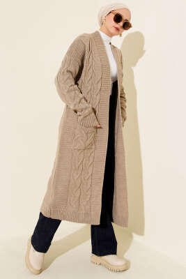 Cepli Örgü Desenli Uzun Hırka Vizon - Hırka