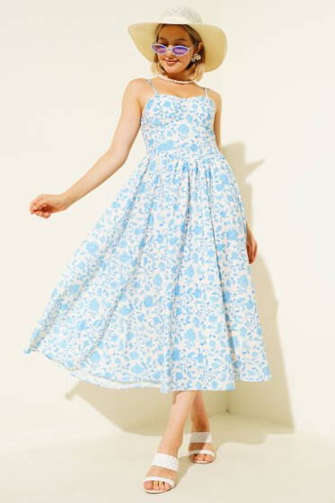 Çiçek Desen Askılı Midi Elbise Mavi - Kadın Giyim Modelleri