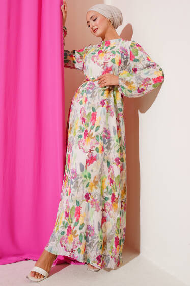 Çiçek Desenli Büzgü Pileli Elbise Yeşil - Elbise