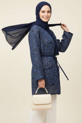 Çiçek Desenli Cepli Ceket Lacivert - Ceket