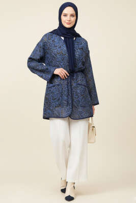 Çiçek Desenli Cepli Ceket Lacivert - Ceket