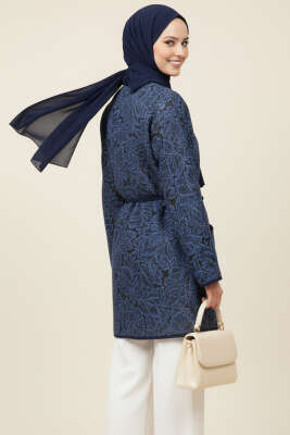 Çiçek Desenli Cepli Ceket Lacivert - Ceket